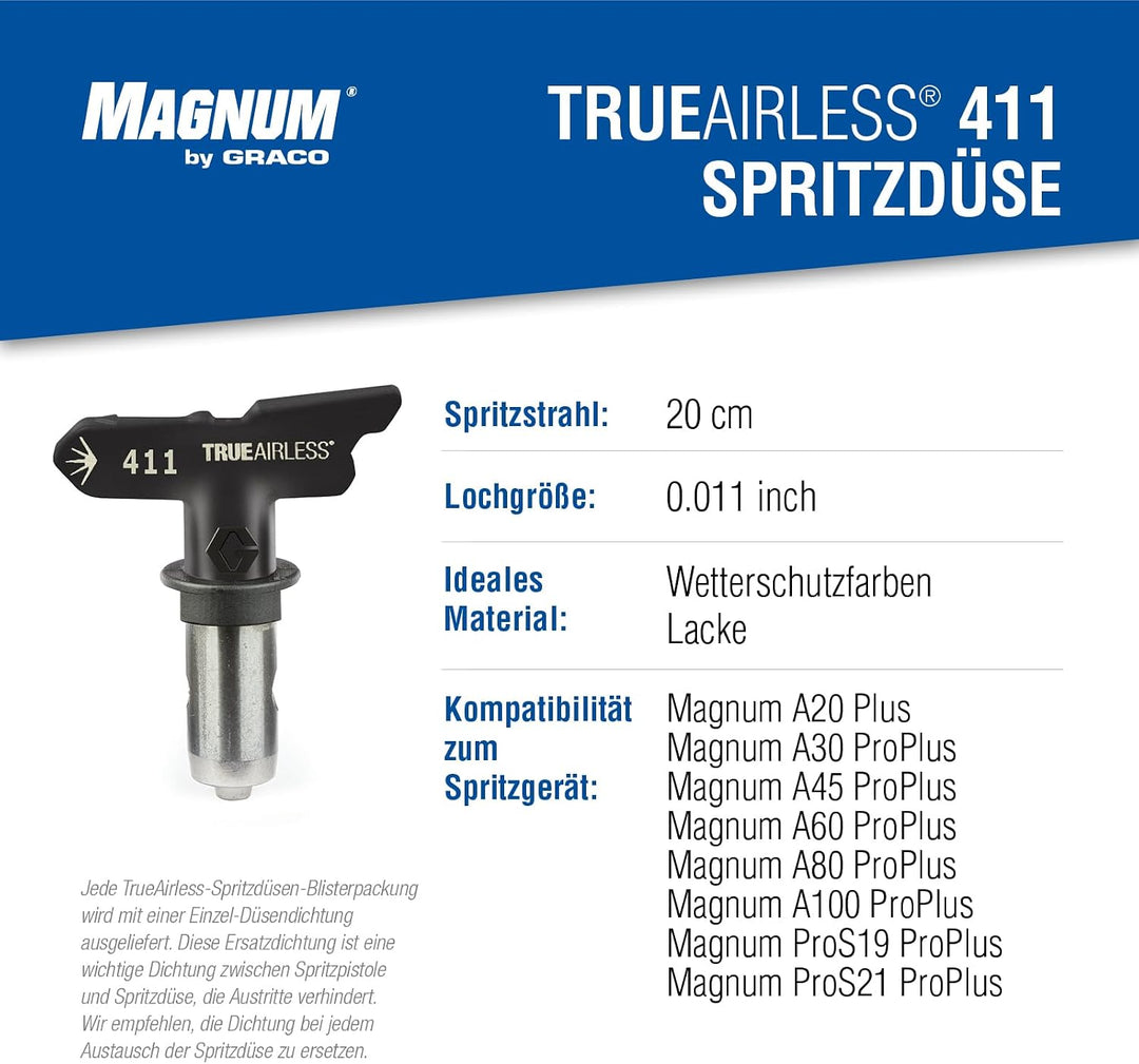 Graco TRA411 TrueAirless 411 Spritzdüse - für Magnum A20, A30, A45, A60, A80, A100, ProS19, ProS21,
