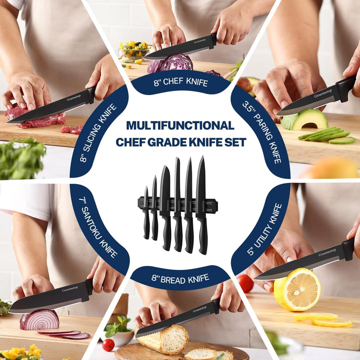 Gourmetop Kitchen Knife Set with No Drilling Magnetic Strip, Knives Set for Kitchen Black Cooking Kn