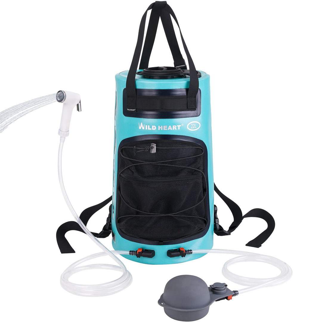 WILD HEART Campingdusche 22L Tragbare Dusche für Camping mit Druckfusspumpe und Duschbeutel-Rucksack