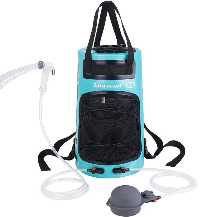WILD HEART Campingdusche 22L Tragbare Dusche für Camping mit Druckfusspumpe und Duschbeutel-Rucksack