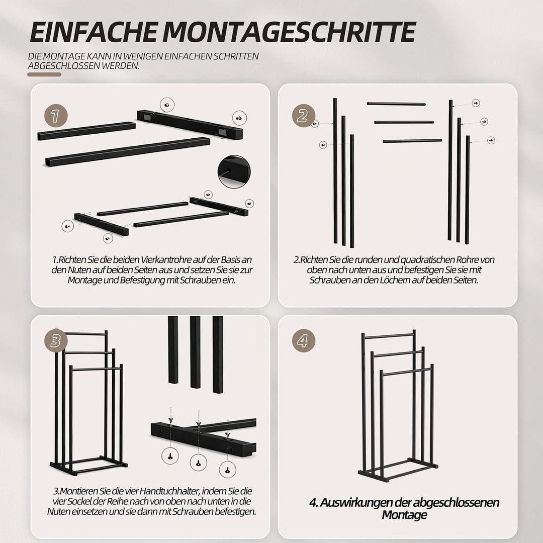Handtuchhalter stehend schwarz – 4 Stufenstangen, Metall | stabil & langlebig. Für Badezimmer, Gäste