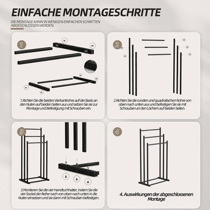 Handtuchhalter stehend schwarz – 4 Stufenstangen, Metall | stabil & langlebig. Für Badezimmer, Gäste