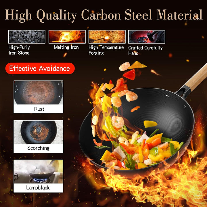 Jobin 30cm Wok Antihaft mit Deckel, Wokpfanne Induktion Ohne Chemische Beschichtung und Grosses Fass
