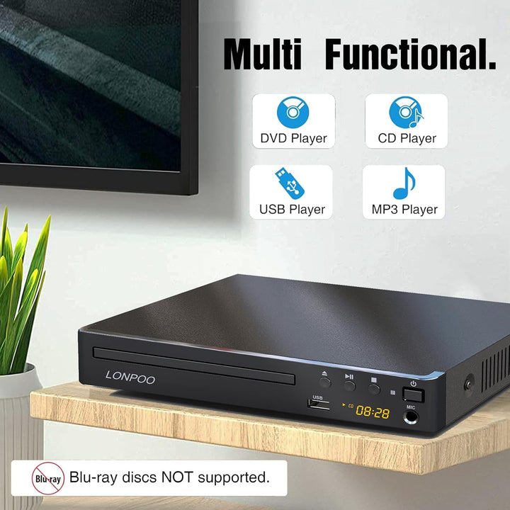 LP-099 DVD Player for TV, Region-Free CD Player with HDMI Connection (1080p Upscaling), AV Output, U