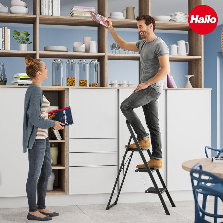 Hailo K44 StandardLine Klapptritt - 3-stufige Trittleiter aus Stahl mit grossen Stufen und Anti-Ruts