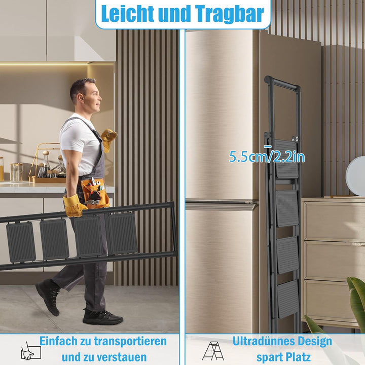 XMTECH Trittleiter 4 Stufen Klappbar, Leiter Klapp-Step-Hocker mit breitem Anti-Rutsch-Pedal, Tragba