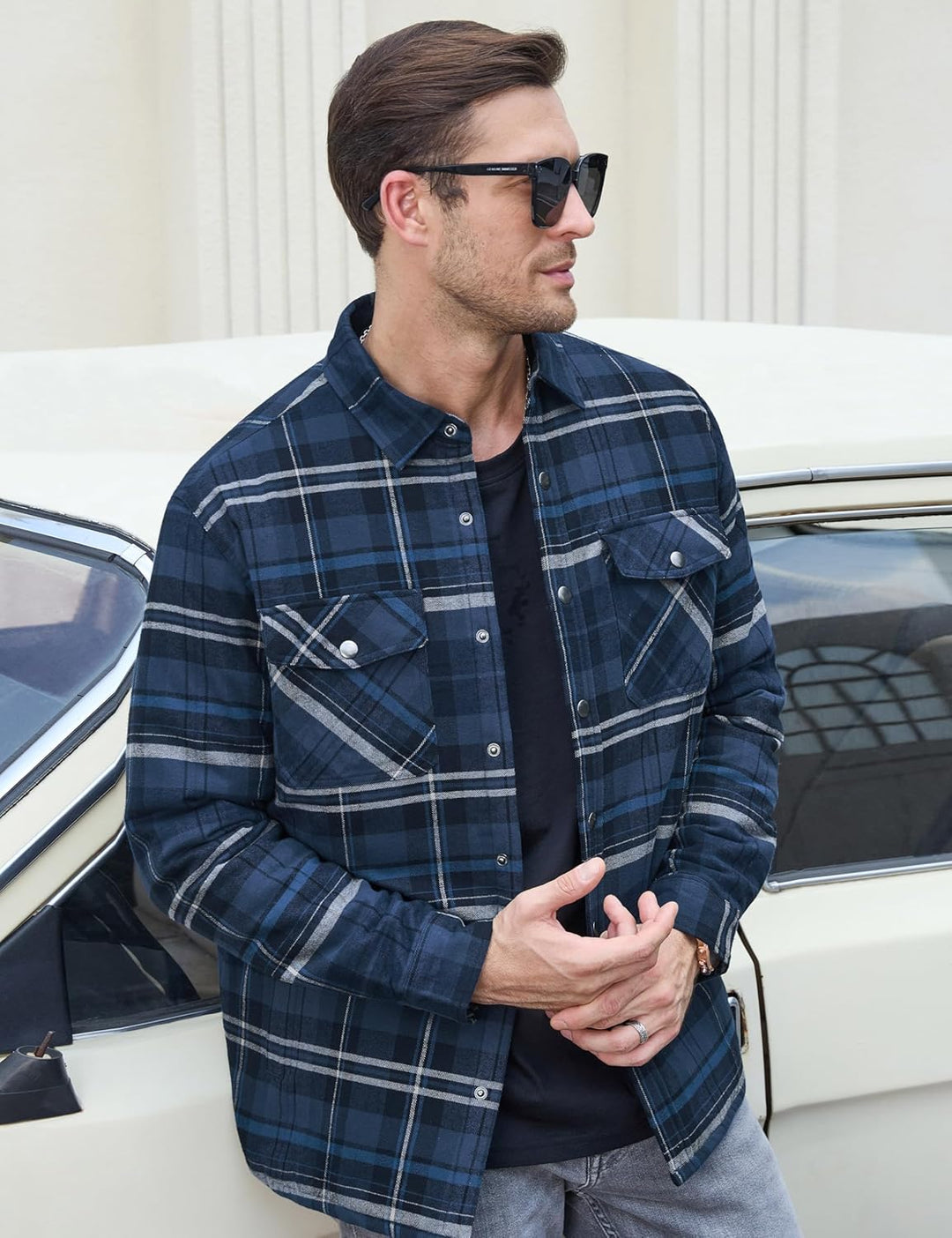 TACVASEN Herren Karierte Hemdjacke Flanellhemd Holzfällerhemd Thermohemd Jacke S Blau Grau, S Blau G