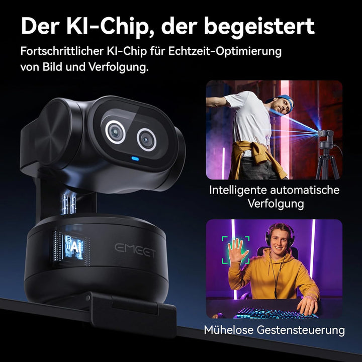 EMEET PIXY Dual-Kamera KI Webcam 4K mit Stativ, AI-Tracking, PDAF & AI-Autofokus 0,2S, 1/2,55'' Sony