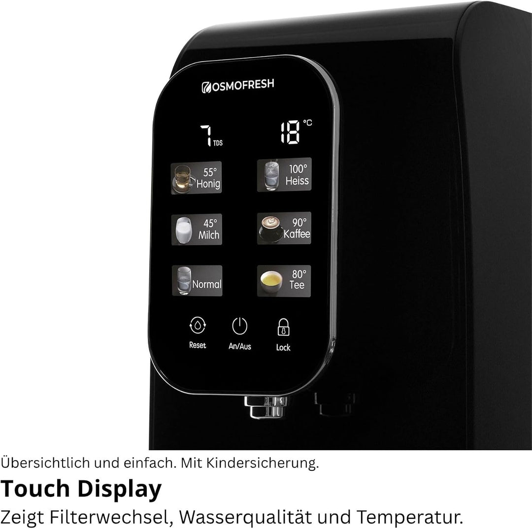 OsmoFresh® Auftisch Osmoseanlage Quella Life Black Edition mit 6 Temperaturstufen (~15-100°C) mobil