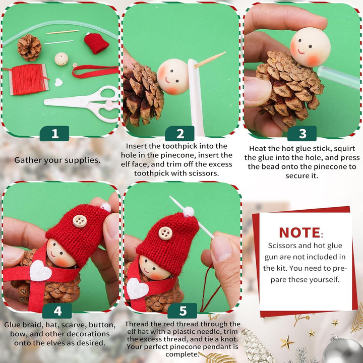 Weihnachtswichtel Anhänger Tannenzapfen, 10 Stück DIY Weihnachten Wichtelanhänger Bastelset mit Holz