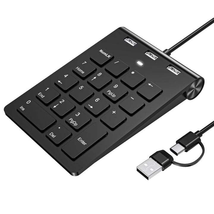 Numeric Keypad Wired Numpad, USB A/USB C Ziffernblock Ergonomischer Mini Nummernblock mit 3 USB 2.0