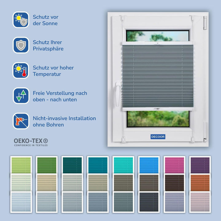 DECOOR Plissee ohne Bohren 60cm x 120cm Faltrollo Rollo für Fenster und Tür Nicht-invasive Fensterja