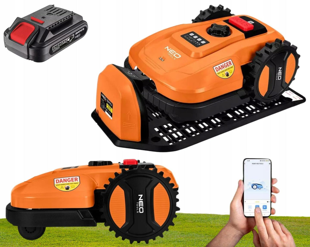 NEO TOOLS Mähroboter mit Austauschbarem Akku (2 Ah-Akku Enthalten) für Gärten bis 600 m2 - Steuerung