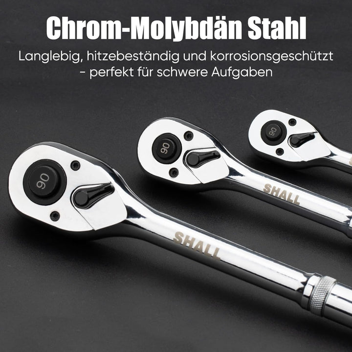 Shall 3 Stück Umschaltknarre | 1/4", 3/8", 1/2" 90-Zahn Ratsche mit Schnellspanner | Chrom-Vanadium-