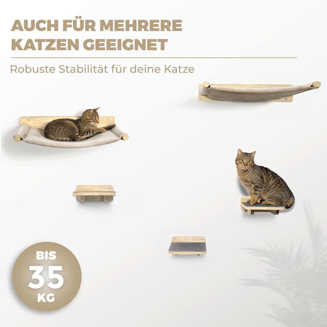 WOOWOOD® 2X Kletterwand Katzen - 2X Katzentreppe Wand [Vollholz] - Kratzbaum Wand - Hängematte Katze