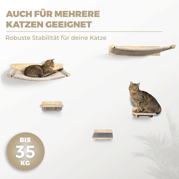 WOOWOOD® 2X Kletterwand Katzen - 2X Katzentreppe Wand [Vollholz] - Kratzbaum Wand - Hängematte Katze