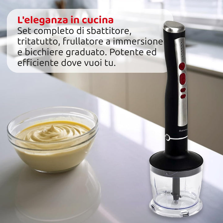 Melchioni Family | Wiederaufladbarer kabelloser Stabmixer Set mit Schneebesen, Zerkleinerer, Mixer u