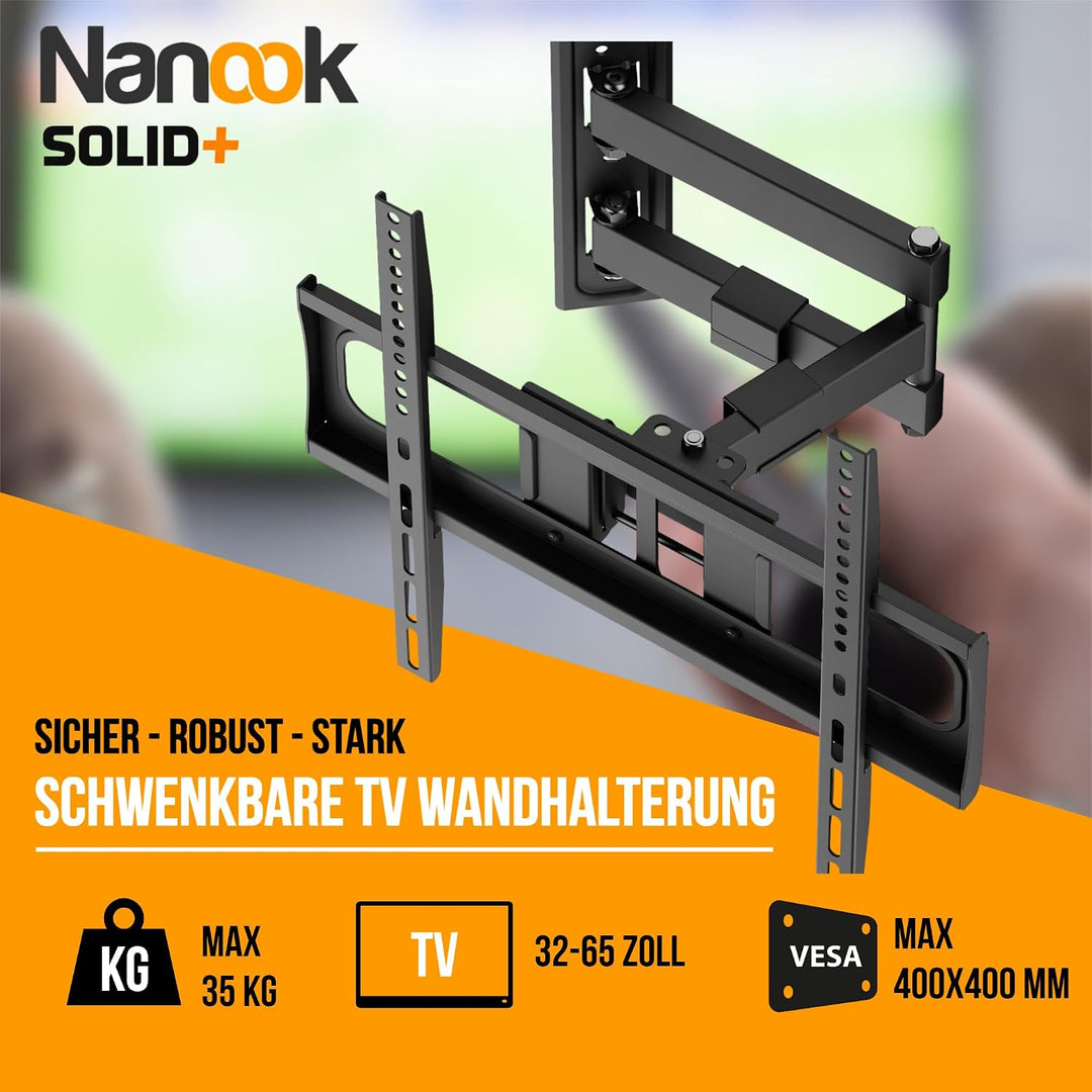 NANOOK Solide+ Schwenkbare TV-Wandhalterung 32–65 Zoll | Optimaler Blickwinkel | Neigbar 15° | VESA