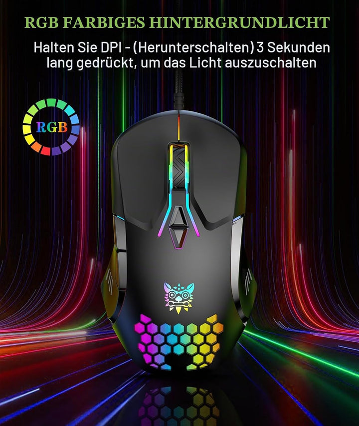 ONIKUMA GAMING Kabelgebundene Gaming-Maus mit 7 Farben LED-Hintergrundbeleuchtung, Computer-Maus für