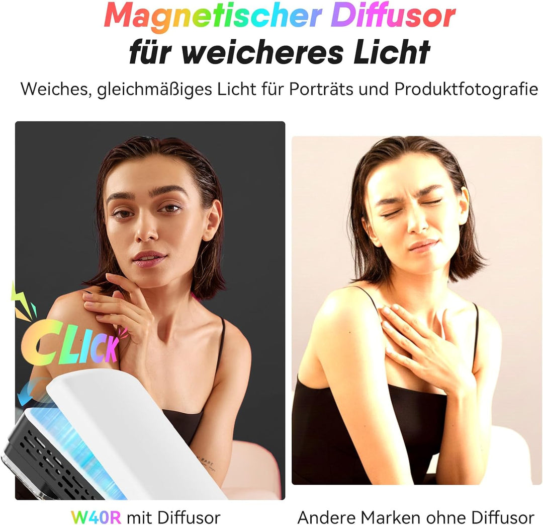 Moman Kleines LED-Kameralicht 40W, Full RGB Videoleuchten mit Diffusor, APP-Steuerung, 2500-9000K, C