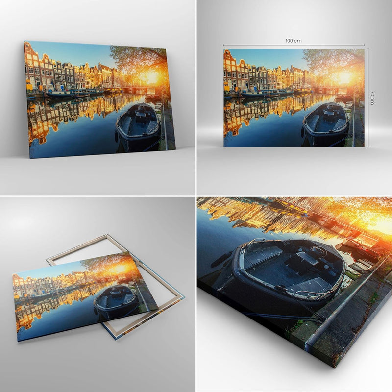 Bilder auf Leinwand 100x70cm Leinwandbild Kanal Boot Amsterdam Wasser Gross Wanddeko Bild Schlafzimm