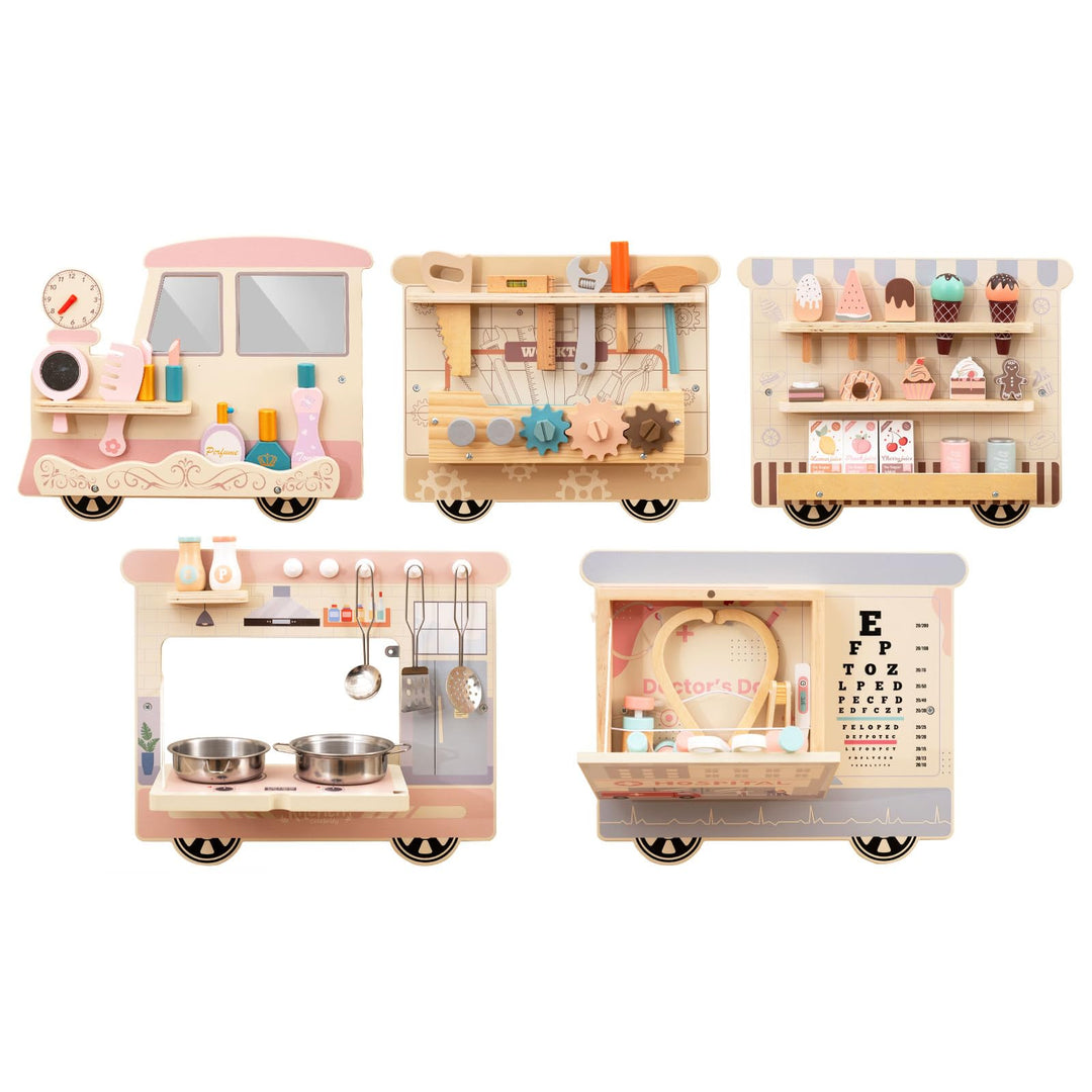DREAMADE Montessori Busy Board, Motorikbrett aus Holz mit Blöcken & Xylophon & Zahnrädern & Uhr, Mon