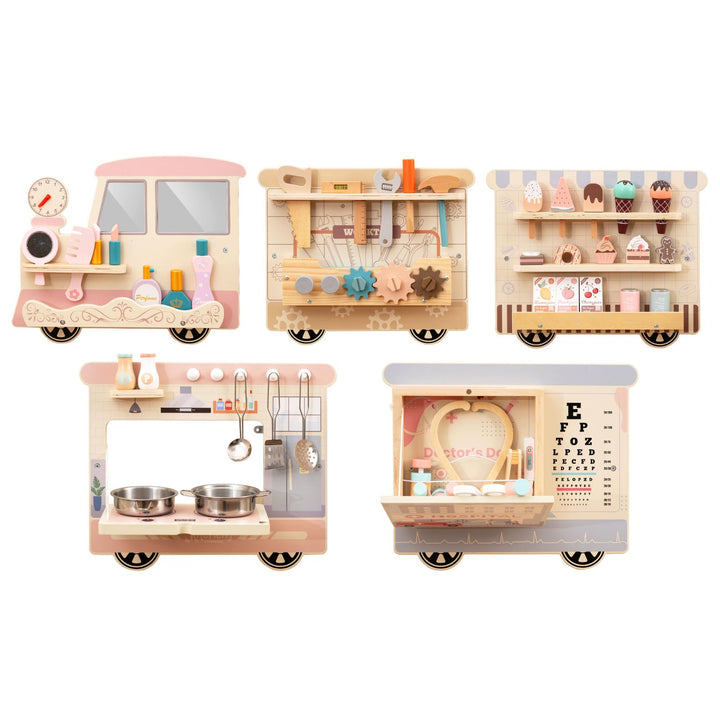 DREAMADE Montessori Busy Board, Motorikbrett aus Holz mit Blöcken & Xylophon & Zahnrädern & Uhr, Mon