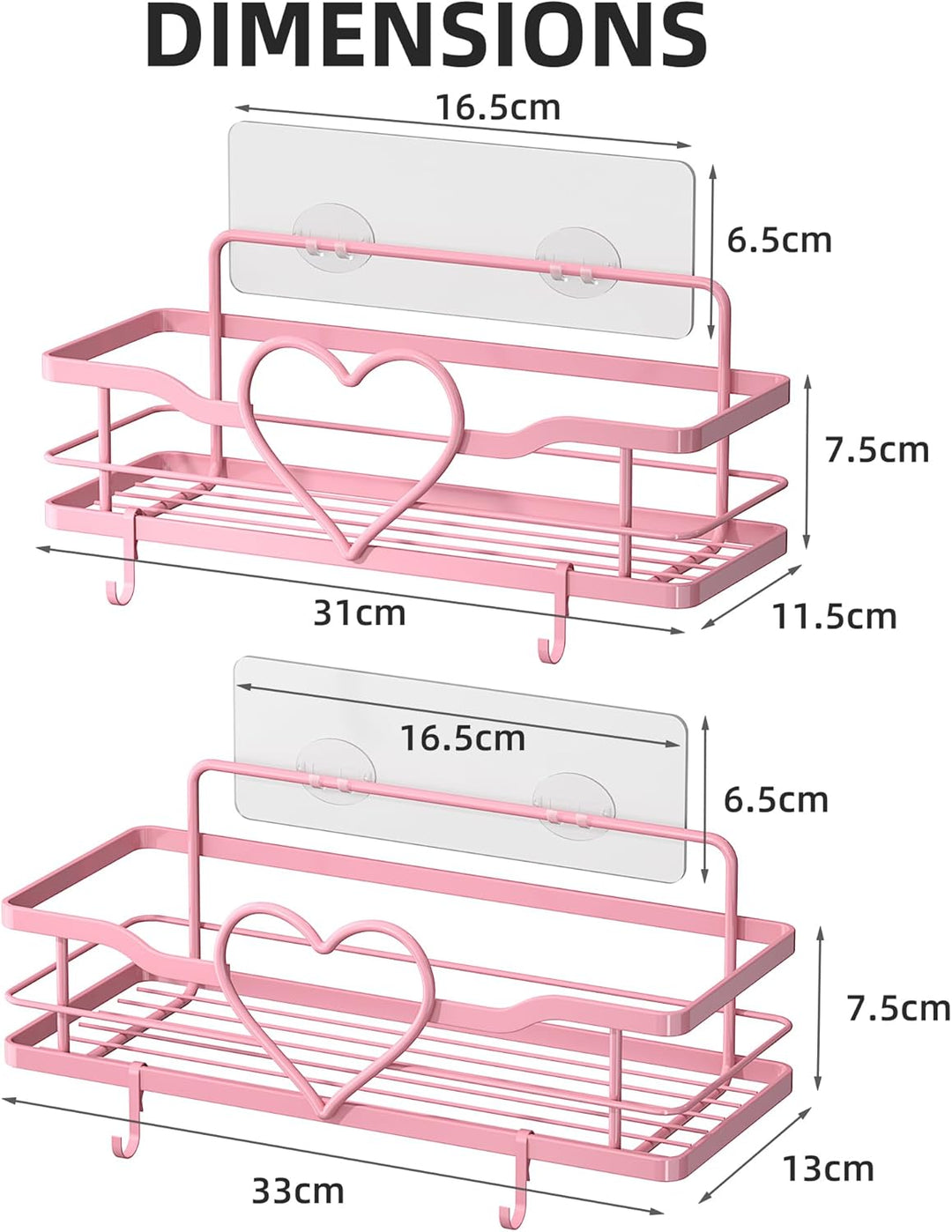 2 Stück Duschablage Ohne Bohren, Rosa Duschregal mit 4 Haken, Dusche Halterung Duschkorb zum kleben,