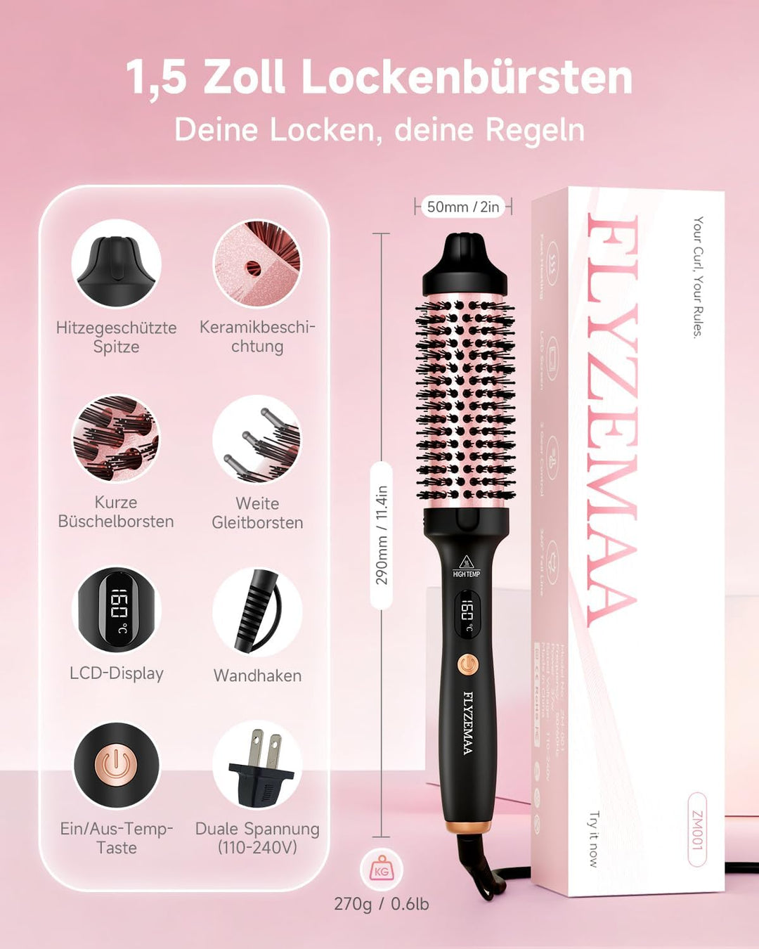 Thermobürste, Thermal Brush 38mm - Runder Heizkamm für natürliche Locken und glatteres Haar, 3 Tempe