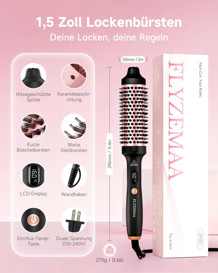 Thermobürste, Thermal Brush 38mm - Runder Heizkamm für natürliche Locken und glatteres Haar, 3 Tempe