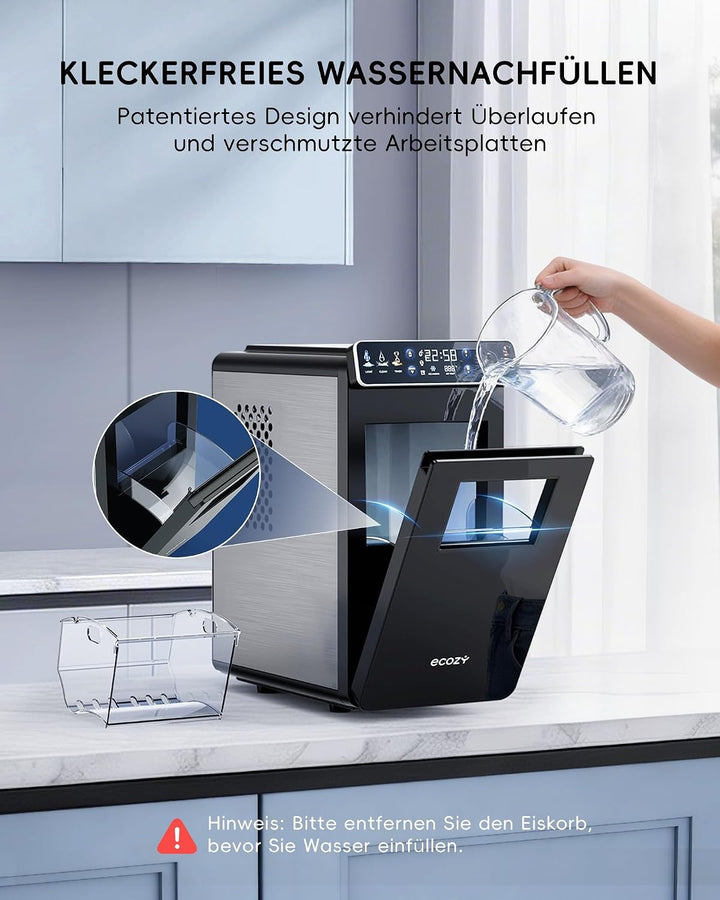 ecozy Eiswürfelmaschine Klein, Tragbar und Kompakt mit Farbdisplay, 24-Stunden-Timer, 12 KG/24H, Eis