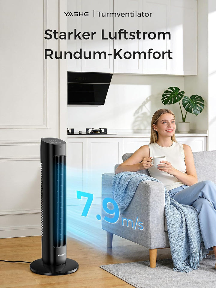 YASHE 80cm Turmventilator mit Fernbedienung, Leiser Standventilator ohne Rotorblätter mit 28 dB, 3 G