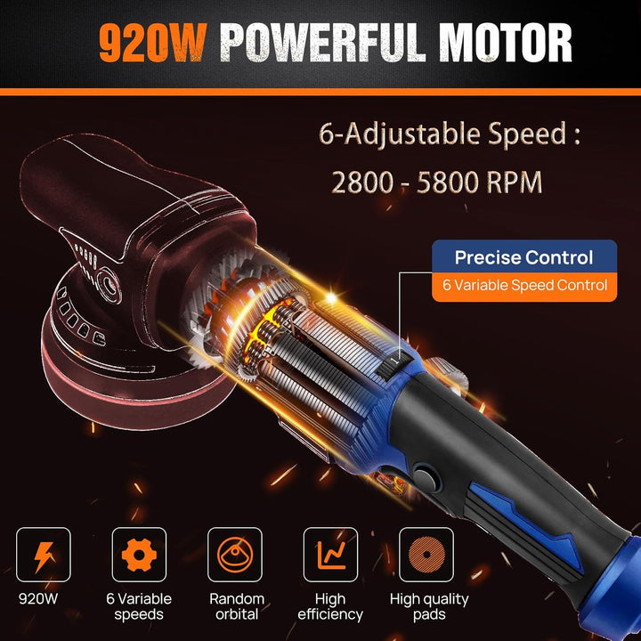 920W Dual Action Poliermaschine 120mm Random Orbital Polierer mit 6 Geschwindigkeiten, 2m Netzkabel,