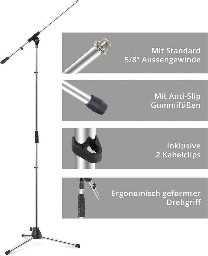Pronomic Mikrofonständer MS-25C Pro - Dreibeinig mit Gummifüssen - Galgen in Länge und Neigung verst