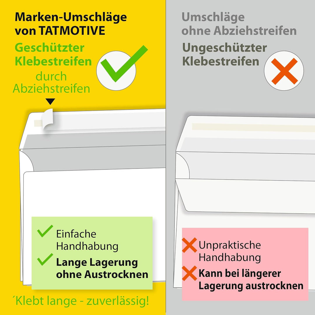 TATMOTIVE Briefumschläge DIN lang Mit Fenster (1000 Stück) Mit Haftklebestreifen (kein Austrocknen -