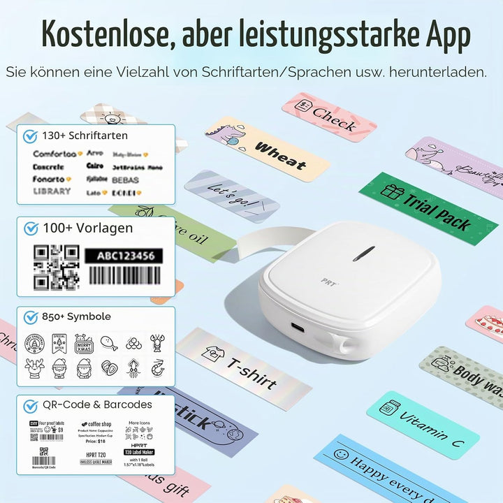 prt QUTIE Bluetooth Beschriftungsgerät Selbstklebend, Tragbarer Mini Etikettiergerät, USB Aufladen E