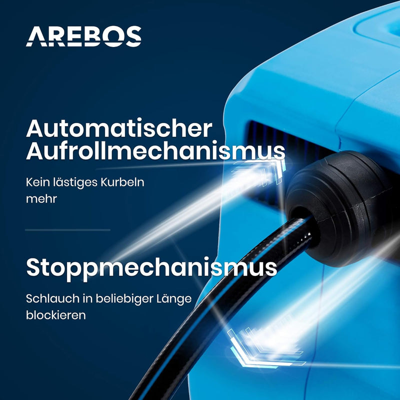 Arebos Schlauchaufroller | 15 m schwenkbare Schlauchtrommel | Wand-Schlauchbox mit Arretierstop | In