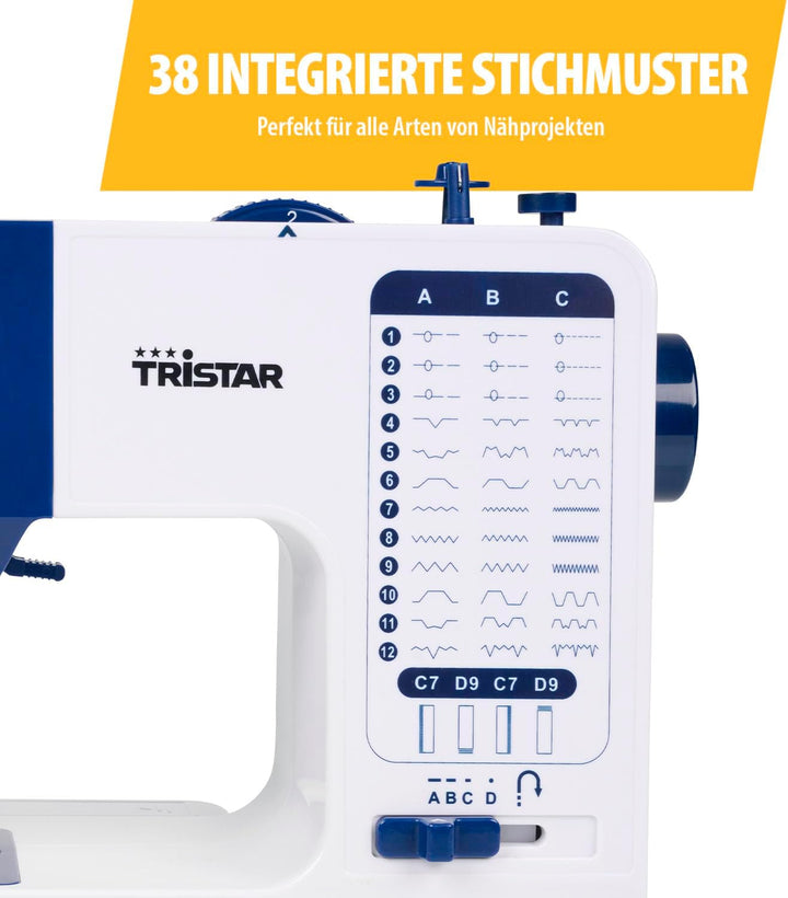 Tristar Nähmaschine mit 38 Stichprogrammen, Abnehmbarem Anschiebetisch, Freiarm, LED-Licht, Automati