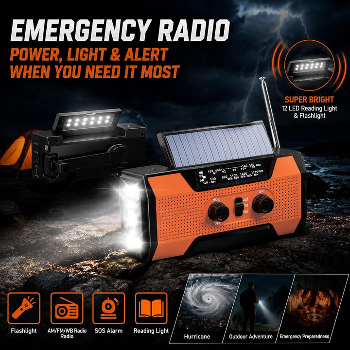 6000mAh-Handkurbel-Notfallradio, AM/FM-Wetterradio, solarbetriebenes | batteriebetriebenes Radiomit