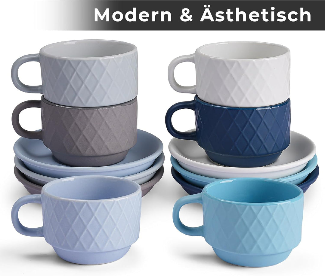 MIAMIO – 6 x 75 ml Espresso Tassen/Espressotassen Set mit Ständer Steingut Keramik - Palmanova Kolle