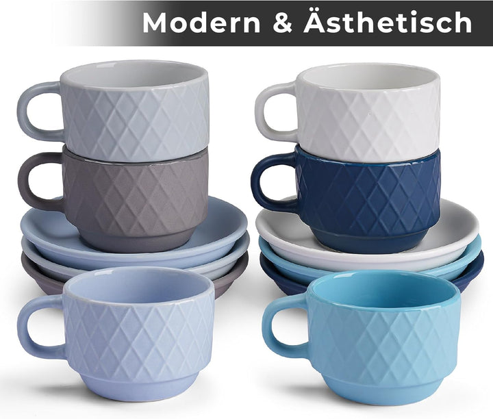 MIAMIO – 6 x 75 ml Espresso Tassen/Espressotassen Set mit Ständer Steingut Keramik - Palmanova Kolle