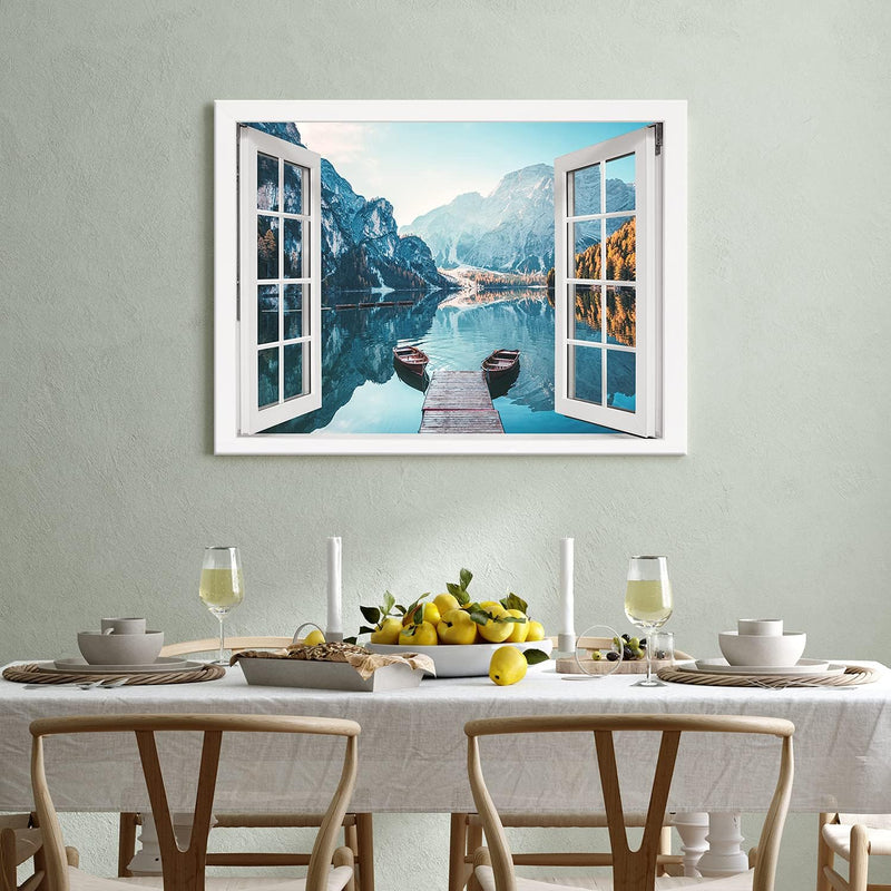 PICANOVA – Bild auf Leinwand Dolomites Bergsee Pragser Wildsee Fenster 100x75cm Leinwandbild – Premi