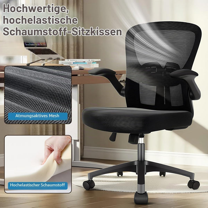 Durrafy Ergonomischer Bürostuhl, Schreibtischstuhl mit hochklappbaren Armlehnen, Verstellbarer Lende