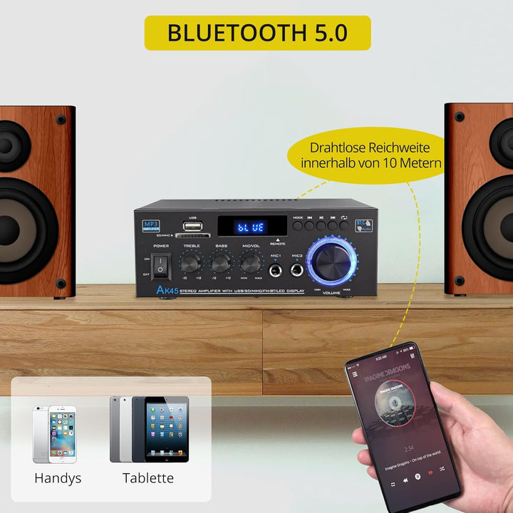 PROZOR Verstärker HiFi Digitaler Audio Verstärker Audio Power Stereo Verstärker AK-45 Receiver Bluet