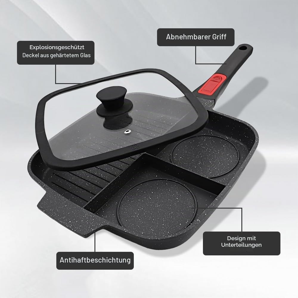 Multi Grillpfanne mit Deckel und Abnehmbarer Griff, Steakpfanne Induktion 3 in 1 - Schwarz, Schwarz
