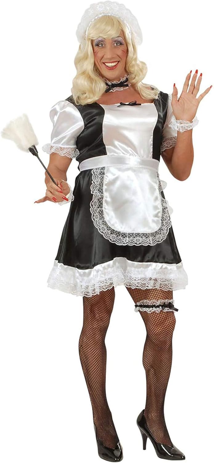 "FRENCH MAID" (dress, apron, headpiece, choker, cuffs, garter) - (XL) XL Schwarz, Weiss, XL Schwarz,
