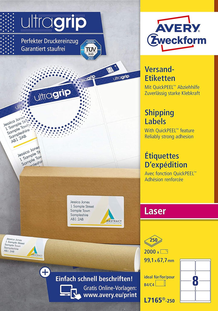 AVERY Zweckform L7165-250 Versandetiketten/Versandaufkleber (2.000 Etiketten mit ultragrip, 99,1x67,