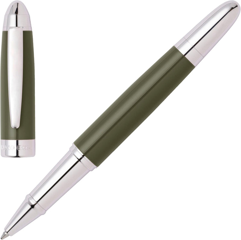 Hugo Boss Icon Tintenroller aus Messing in der Farbe Khaki-Gun, Länge: 13,6cm, Tintenfarbe: Schwarz,