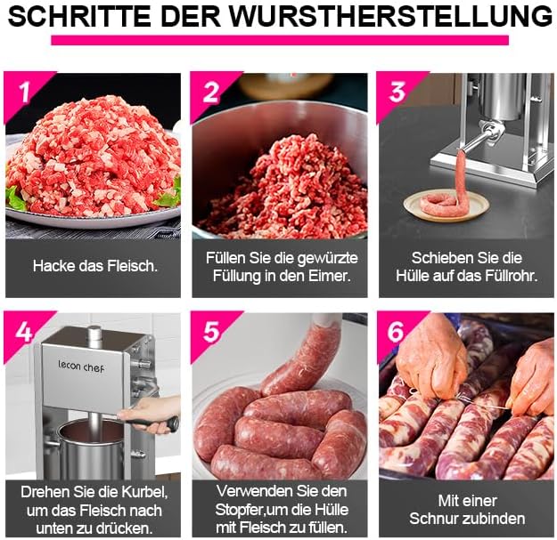 Wurstfüller 5L Manuell, Edelstahl Wurstfüllmaschine mit 2-Gang-Getriebe und 4 Füllrohren, Vertikale