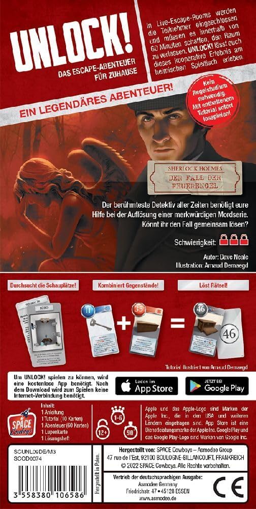 Asmodee, Unlock! – Sherlock Holmes: Der Fall der Feuerengel, Familienspiel, Rätselspiel, 1-6 Spieler